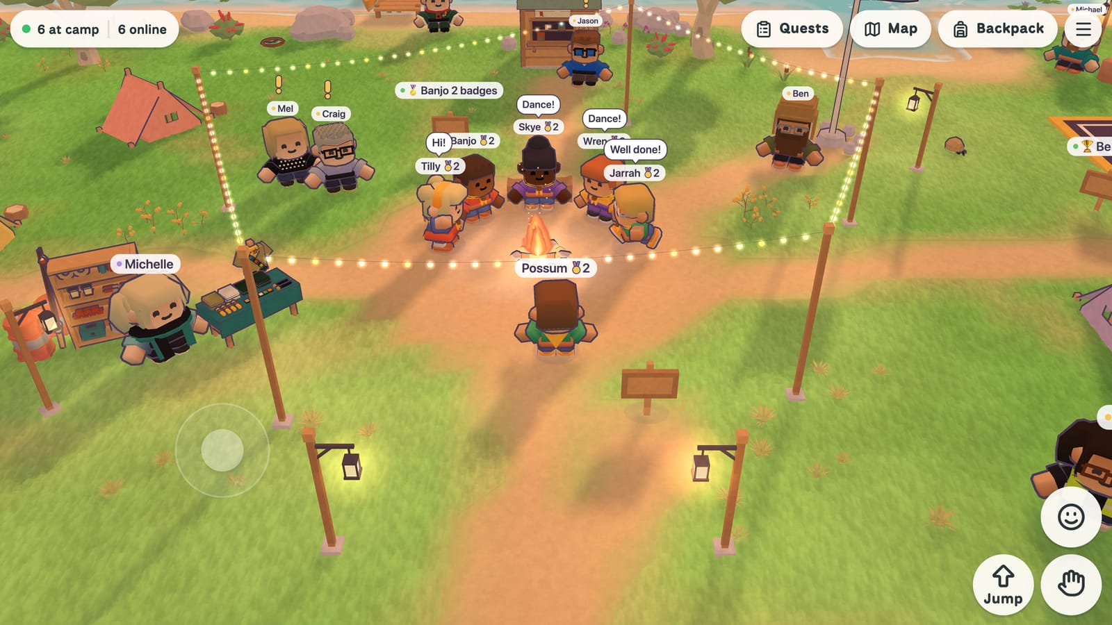 Pathfinder characters gathered around a campfire, with name tags and speech bubbles
