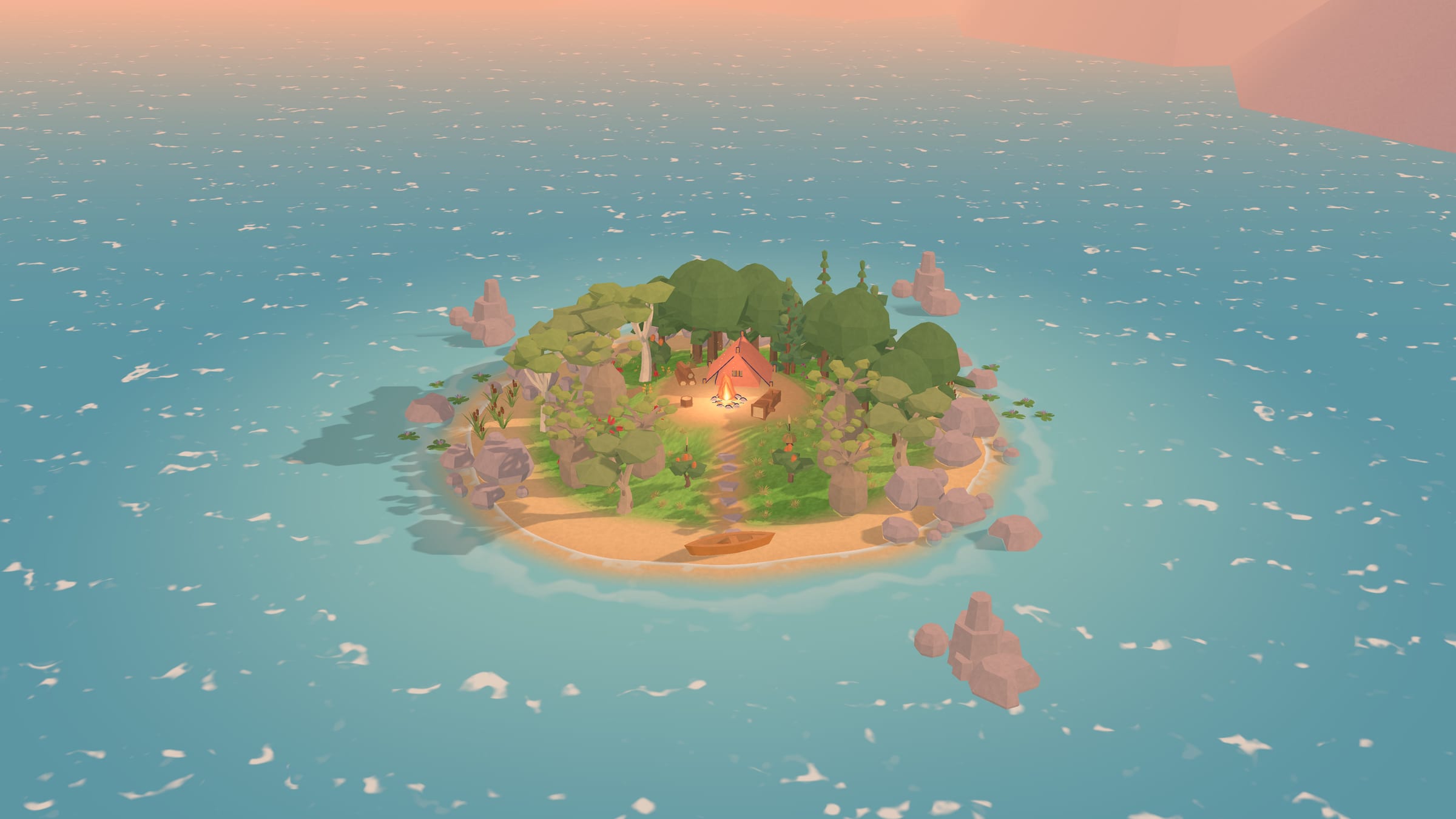 A small low-poly island with a tent and a campfire, surrounded by sea