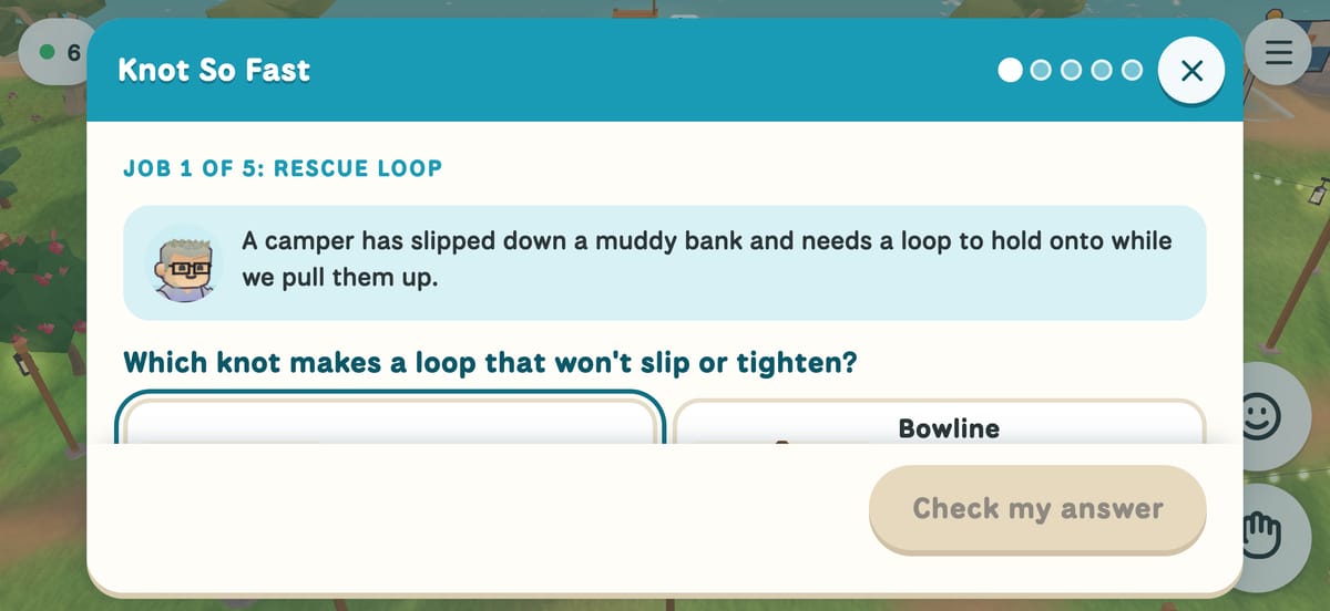 The Knot So Fast quest asking which knot makes a loop that won't slip