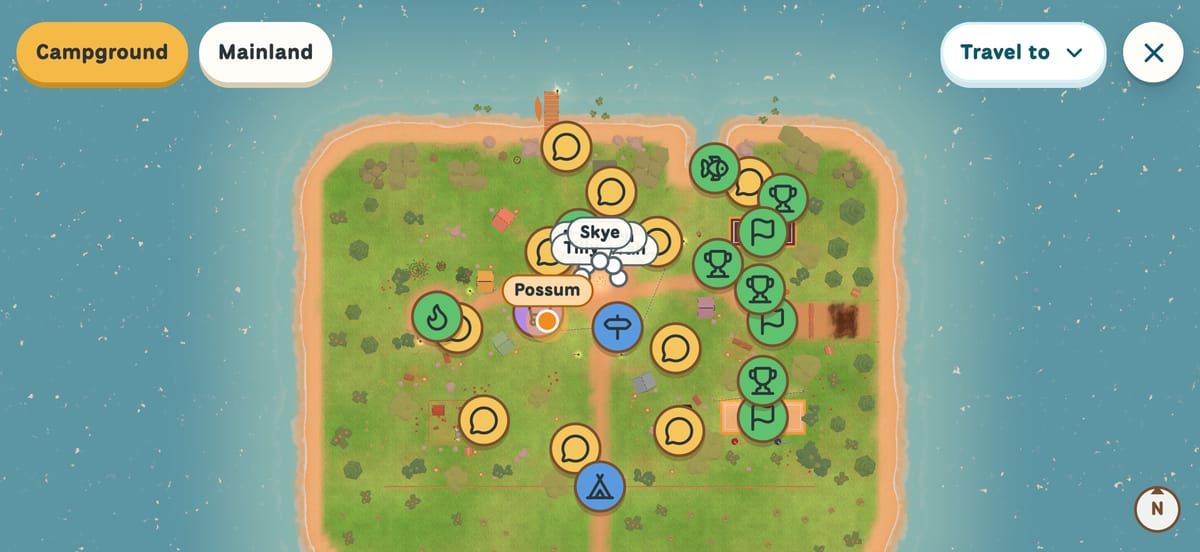 The campground map, marked with quests, races and games
