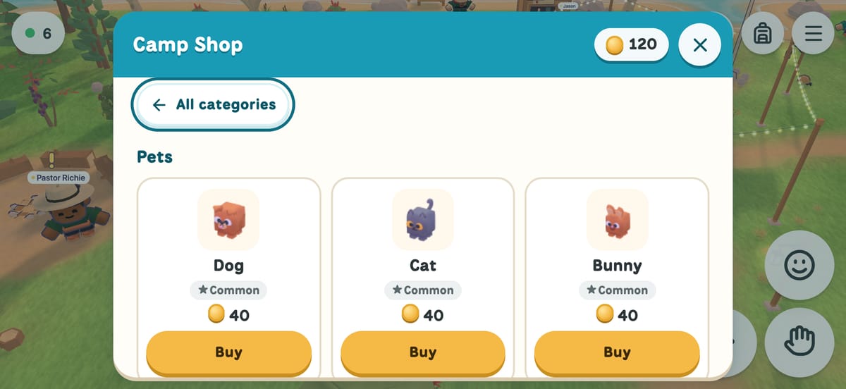 The camp shop selling a dog, a cat and a bunny for 40 coins each